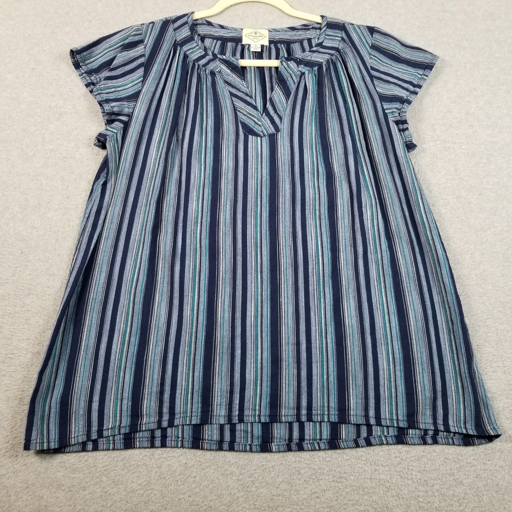 St John's Bay Blouse Womens M Medium Blue Striped V-Neck Short Sleeve Casual Top